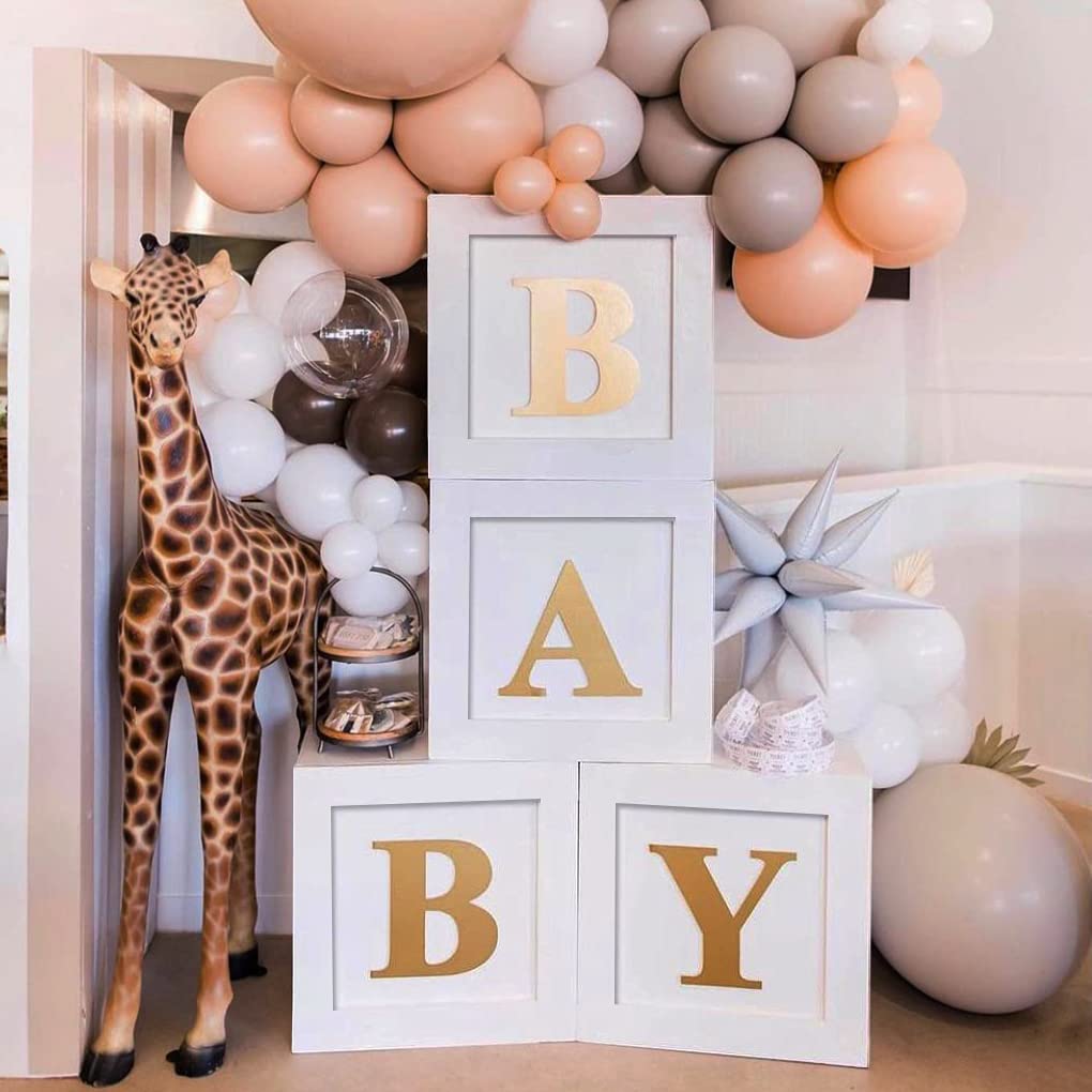 QIFU Baby Shower Boxes Decorations for Boys Girls, 4pcs Stereoscopic Baby Balloon Boxes Blocks with 30 Letters, BABY+A-Z for Babyshower, Gender Reveal, First 1st Birthday Party Backdrop Decorations