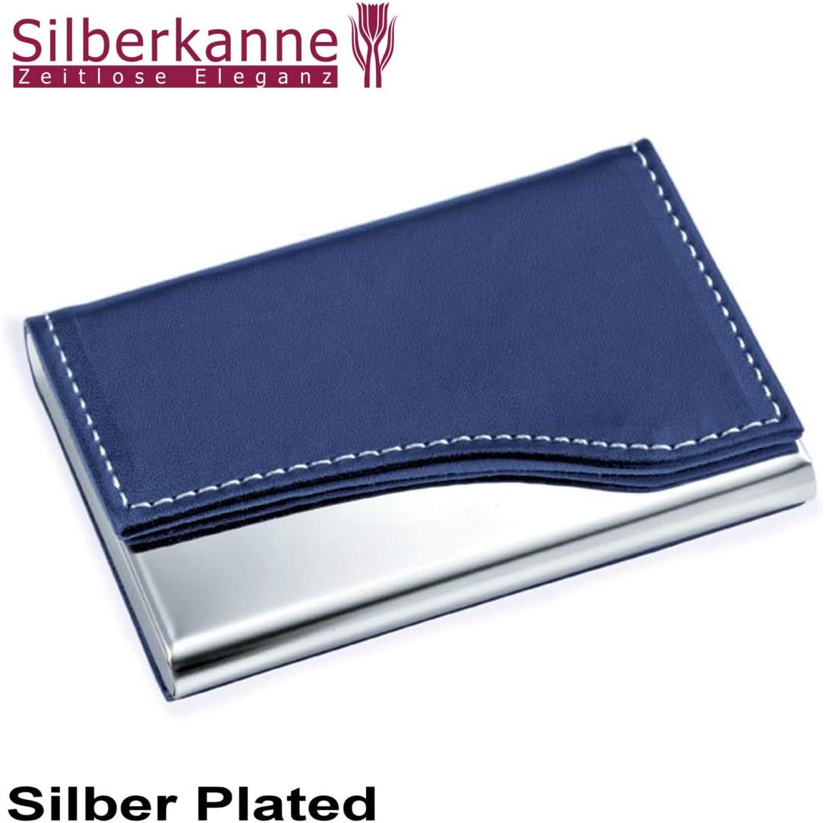 SILBERKANNE Business Card Holder with Leather Blue 9 x 6 x 1 cm Silver Plated Premium Silver-Plated - Image 4