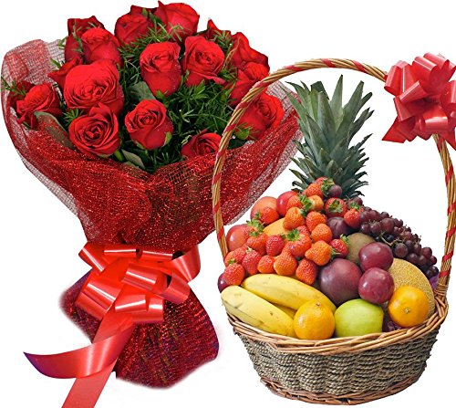Sattva Flower Boutique 20 Red Roses with 2 kg Fresh Fruits in a Basket (Standard Size, Light