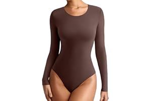 REORIA Womens Long Sleeve Bodysuits Fall Basic Round Neck Lightweight Double Lined Layering Slim Body Suit Tops