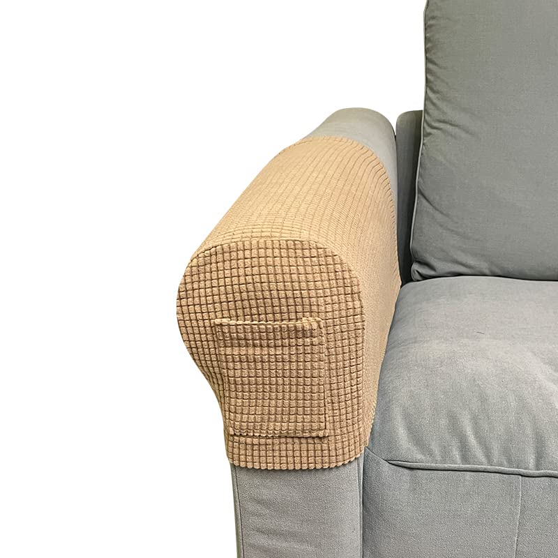 Skybook Armrest Chair Covers with 1 pocket Stretch Armchair Couch Arm Rest Cover Anti-Slip Spandex Polyester Sofa Chair Arm Caps Slipcovers for Furniture Protector Set of 2 (Sand)