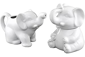 HIC Kitchen Elephant Sugar Bowl And Creamer With Handle, Fine Porcelain, For Serving Sugar, Milk, Cream, Syrup, And Sauces, 3-Piece Set