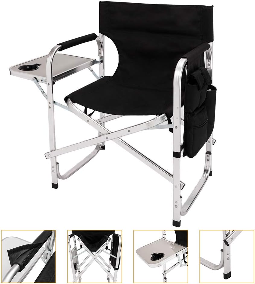 Mefeir Upgraded Director Chair Makeup Artist,15.7" Height Aluminum Frame Supports 300 lbs,Folding Portable w/Side Table Storage Bag,Indoor Outdoor Bench Use,Black(24.4" L x 18.5" W x 32.6" H)