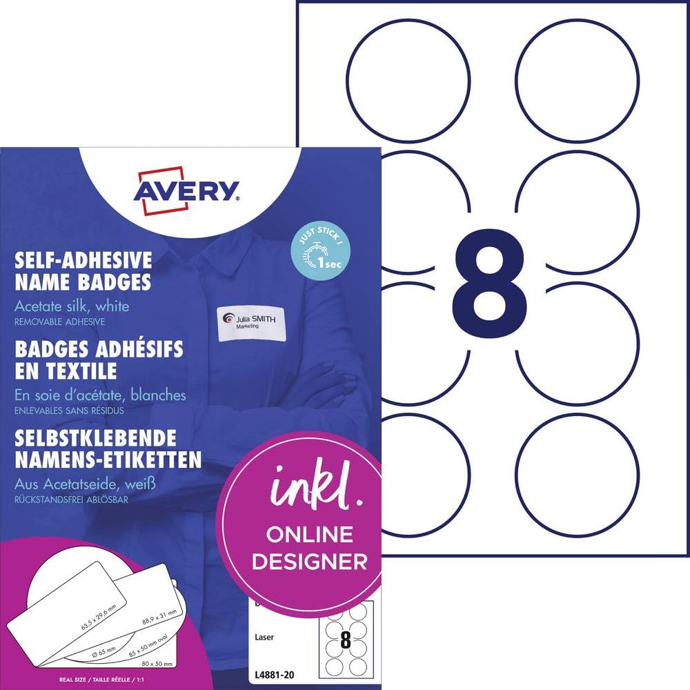 AVERY Zweckform L4881-20 Name Labels (160 Name Stickers Round, Diameter 65 mm on A4, Self-Adhesive, Printable Textile Labels Made of Acetate Silk for Laser Printers, Removable Without Residue), 20