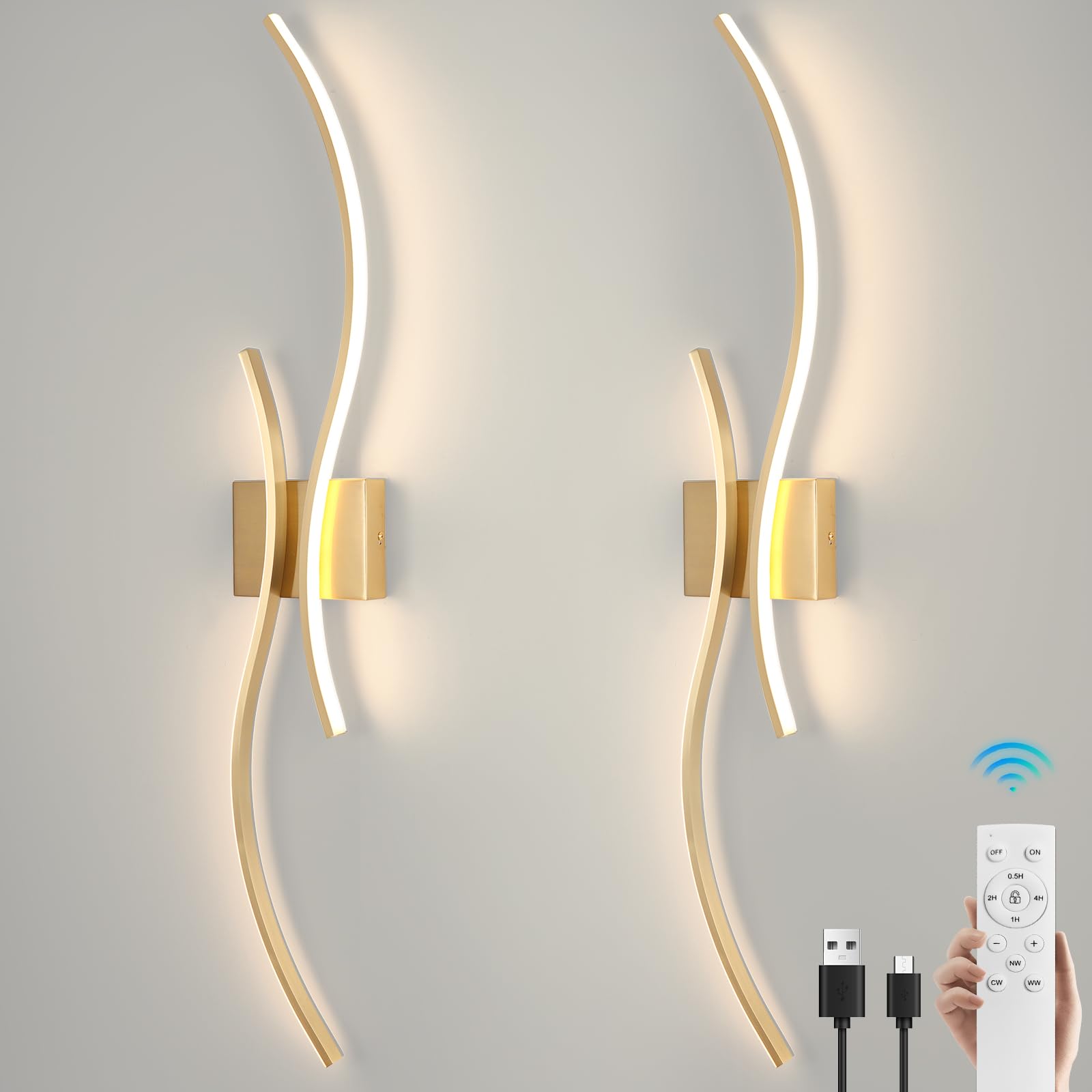 Photo 1 of **Missing Outlet** Battery Operated Wall Sconces with Remote Control, Rechargeable Dimmable Touch Wall Sconces Set of Two, 3000K-6500K LED Wireless Wall Light for Living Room Bedroom Hallway,31.5inch(Gold)