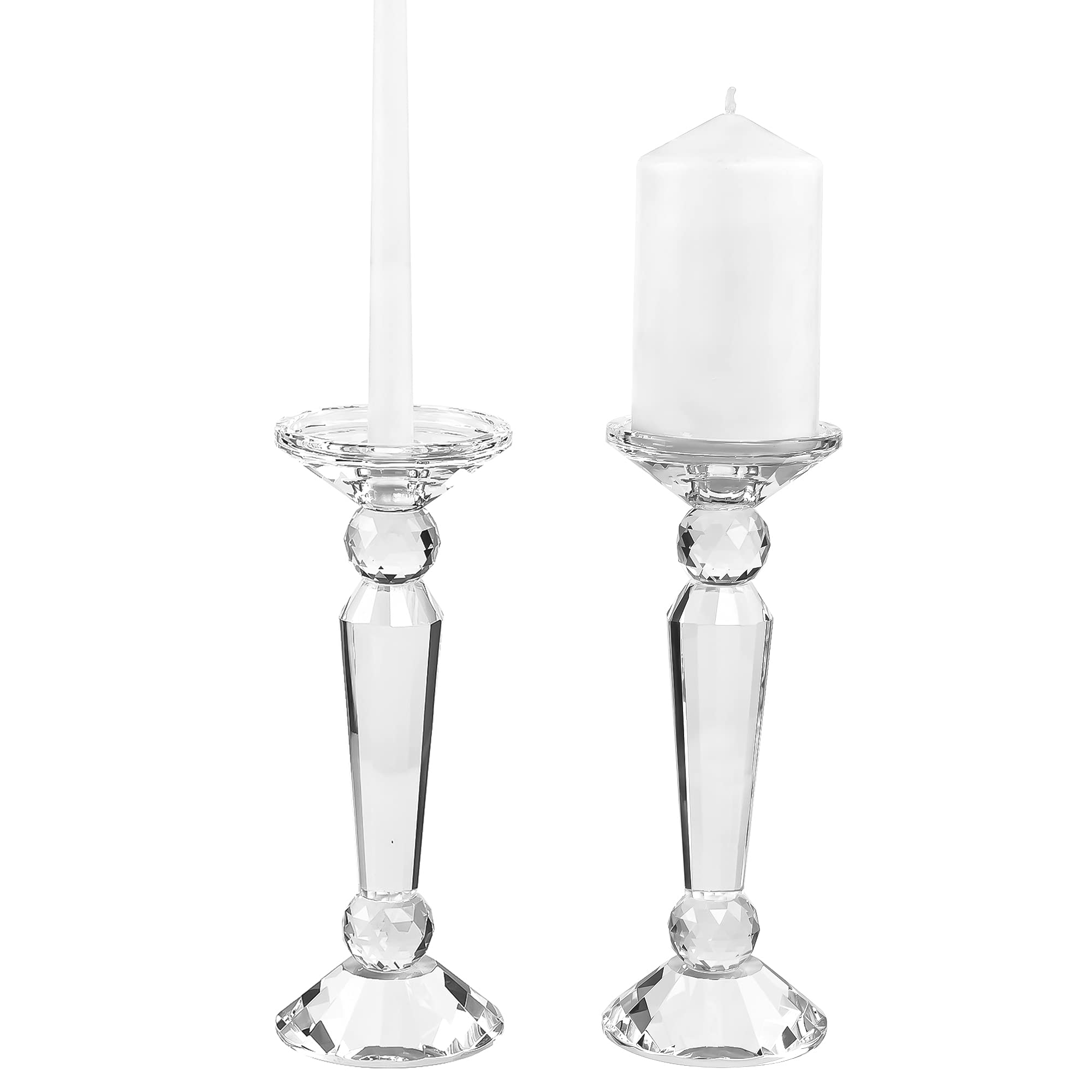Photo 1 of ***MAJOR DAMAGE*** Kitcom 2-Pack Crystal Candle Stick Holders for Home Decor, Clear Crystal Taper/Pillar Candles Holder Table Centerpieces for Party and Wedding Decoration(10.6inch Tall)