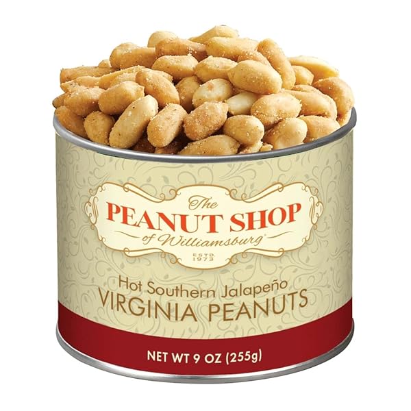 THE PEANUT SHOP OF WILLIAMSBURG HOT SOUTHERN JALAPENO PEANUTS WITH JALAPENO, ONION, GARLIC, HAND COOKED VIRGINIA PEANUTS, GLUTEN FREE, KOSHER – 9 OZ TIN