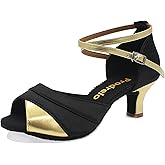Prodrelo Women's Latin Salsa Dance Shoes,Black Satin Ballroom Heels,Cross-Strap Professional Practicing Shoes