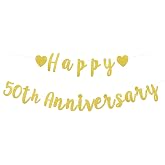 2pcs Happy 50th Anniversary Banner | Pre-Strung Glitter Gold 50th Wedding Anniversary Banner 50 Year Loved Party Favor &amp; Decor Decorations