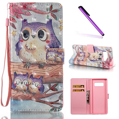 Note 8 Case,Galaxy Note 8 Case,LEECOCO Fancy 3D Painted Floral Wallet Case with Card Slots Hand Strap Slim PU Leather Flip Kickstand Case Cover for Samsung Galaxy Note 8 - 3D Three Owls