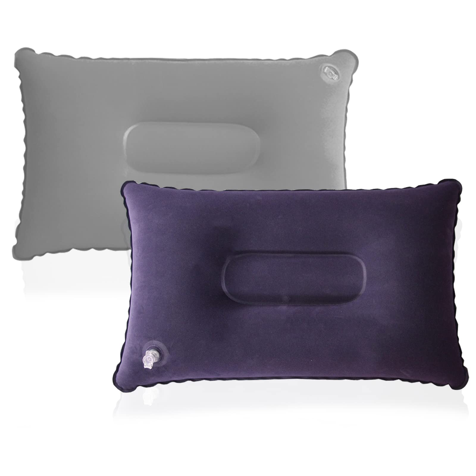 JSUOEO Inflatable Pillows for Camping, 2 Pack Ultralight Compact Portable Compressible Blow Up Travel Outdoor Pillow Soft Flocked Surface for Neck & Lumbar Support, Blue+Gray