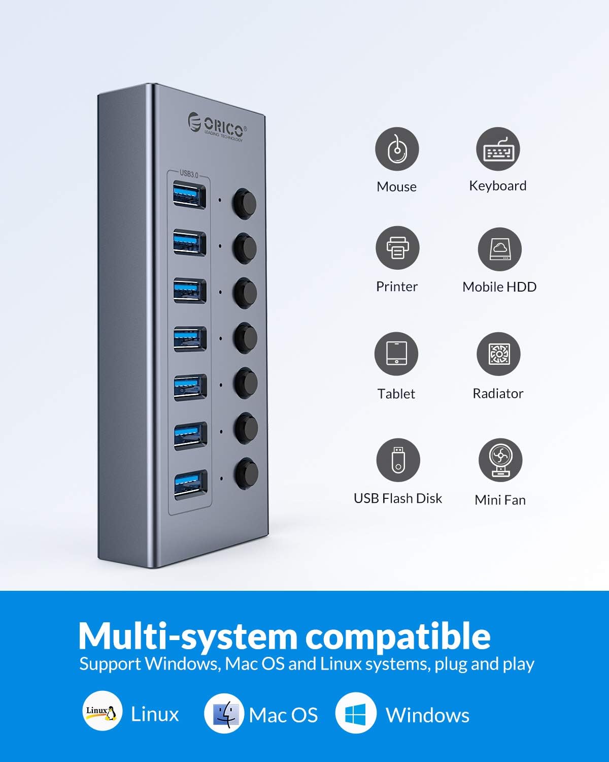 ORICO USB 3.0 Hub Powered 7 Ports USB Data Hub with Individual On/Off Switches and12V Power Adapter Support BC1.2 Charging, USB Extension for iMac Pro, MacBook Air/Mini, PS4, Surface Pro, PC, HDD: Computers & Accessories