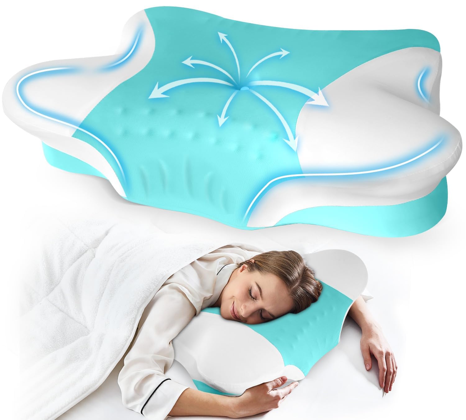 Puzzlandia Cervical Neck Pillows with Memory Foam - Ergonomic Neck Support Pillows for Pain Relief Contour Memory Foam - Adjustable Orthopedic Bed Pillows with Cooling Pillowcase for Sleeping - Green