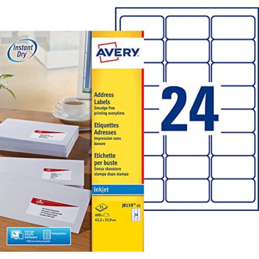 Avery J8159-25 Box of 600 Address Labels for Inkjet Printer 63.5x33.9 mm White
