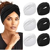 HAUHC Extra Wide Headbands for Women, 7'' Large Cotton Like Turban Knotted Bandana Head Bands for Women Non Slip, Boho Headbands for Women's Hair (3Pcs White + 3Pcs Black, Extra Large 7" Wide)