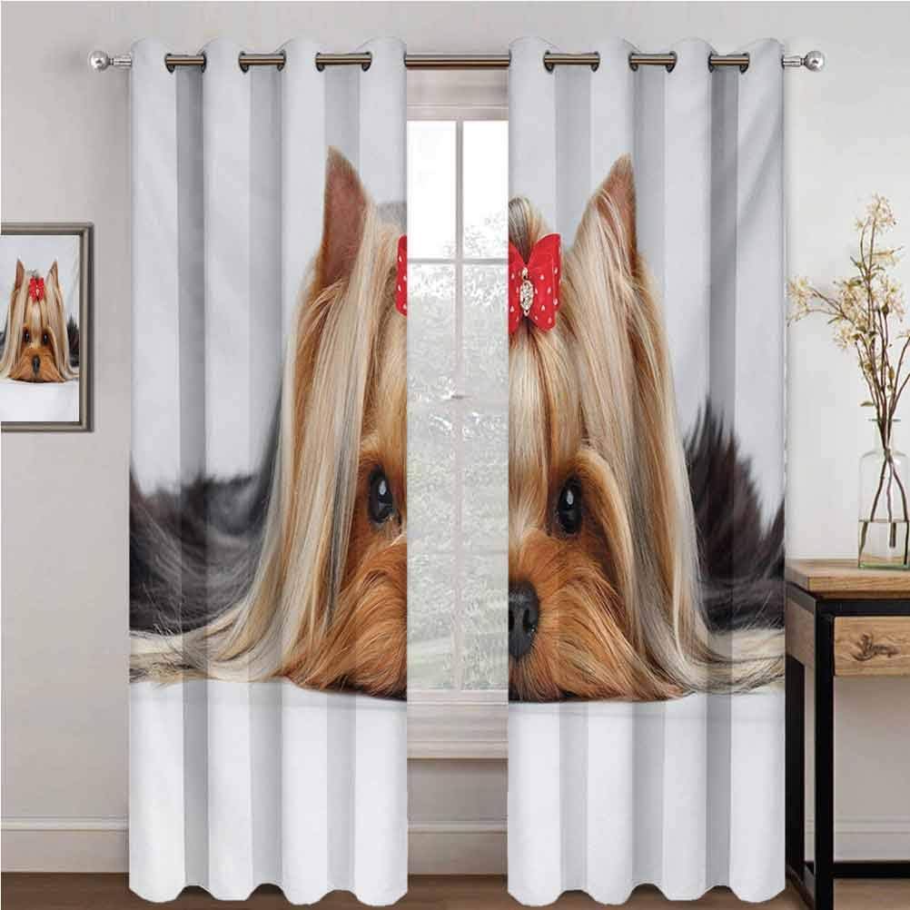 GUUVOR Yorkie Room Darkened Insulation Grommet Curtain Lying Yorkshire Terrier with Cute Ribbon Yorkie Love Portrait of a Dog Living Room W84 x L84 Inch Pale Caramel Sand Brown