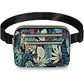 Waist Bag Fanny Pack For Women Men Small Belt Bag With Adjustable Strap And 4 Zipper Pockets Fashion Waist Packs For Gym Travel Running Hiking Workout(Blue Leaves)