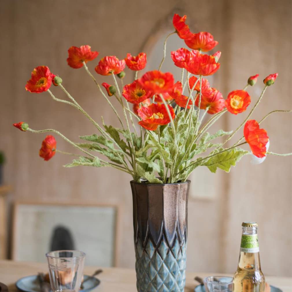 DUYONE Artificial Poppy Silk Flowers (6 Stems) for Home Decor, Wedding Bouquet. Faux Poppy Flower Centerpiece. Artificial Plants Coral Flower Arrangement. Silk Flowers for Decoration(Deep orange)