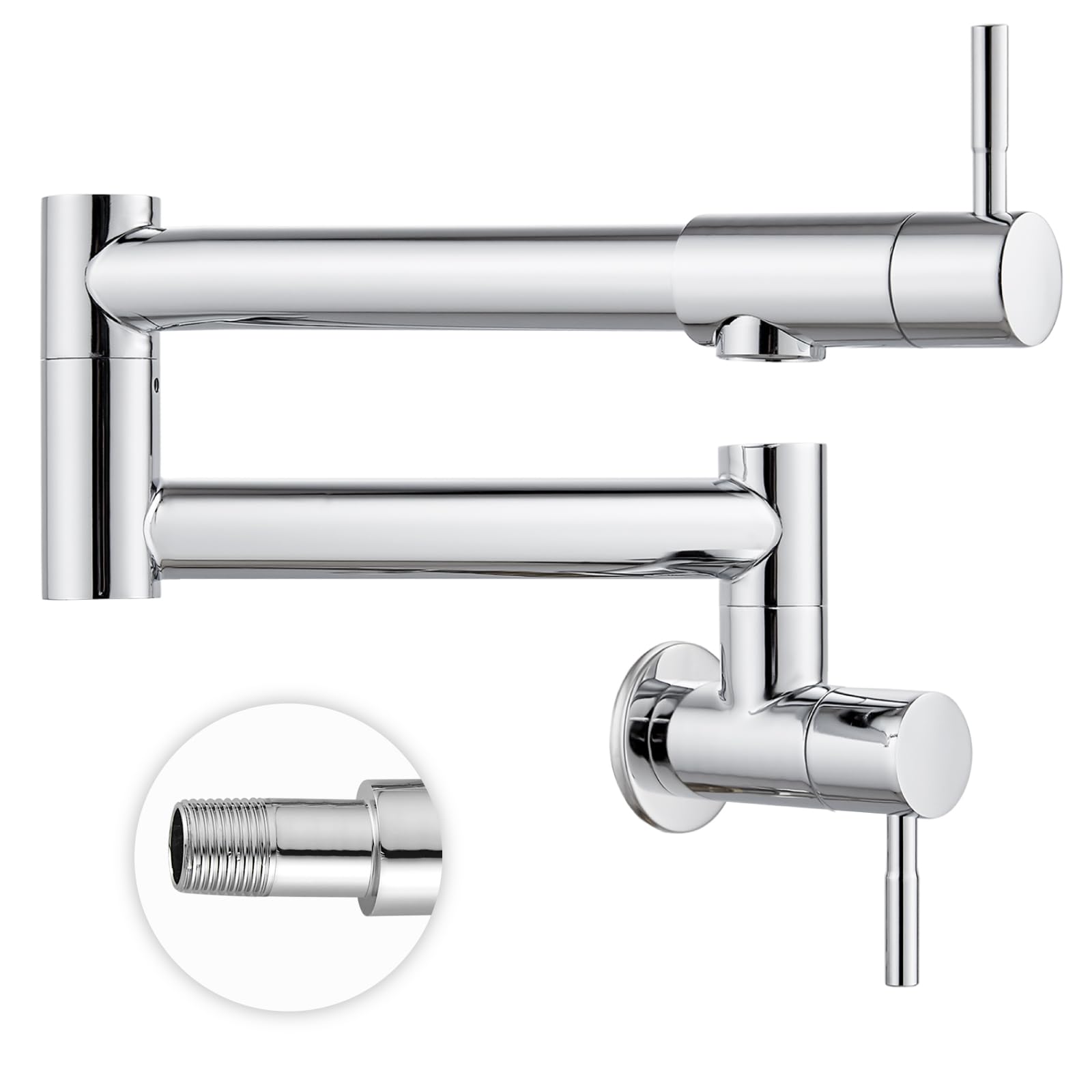 Heyalan Kitchen Restaurant Faucet Polished Chrome 19 Inch Wall Mounted Folding Stretchable Double Joint Swing Arm Single Hole Two Handles Commercial NPT Stainless Steel Pot Filler