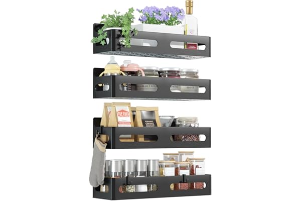 Sevenblue 4 Pack Strong Magnetic Spice Rack for Refrigerator, Multipurpose Magnetic Shelf for Fridge with 4 Hooks for Kitchen