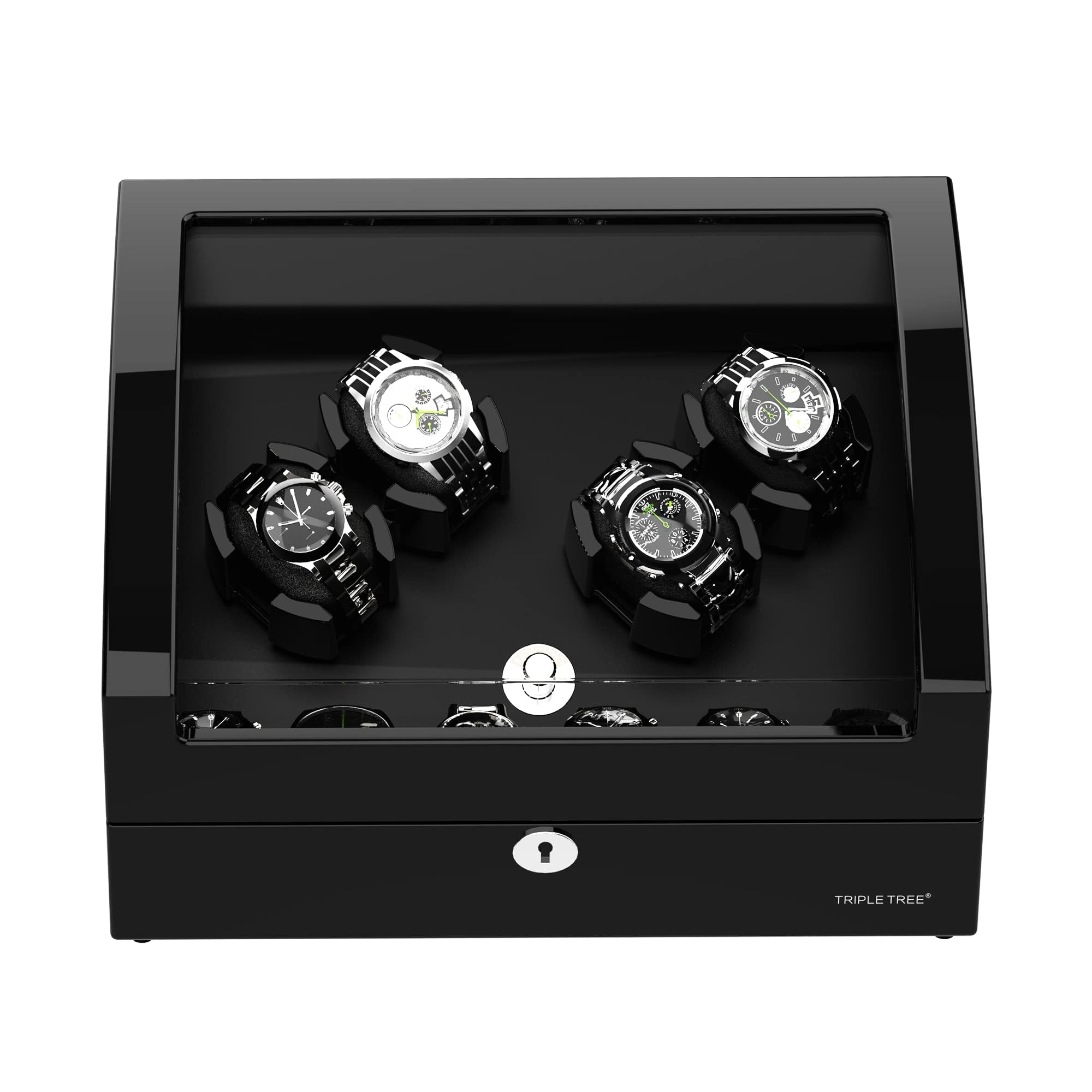 TRIPLE TREE Watch Winder for 4 Automatic Watches, with Extra 6 Watch Storages, Wood Shell Piano Finish, Silent Motor, Flexible Watch Pillow