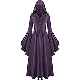 Scarlet Darkness Womens Renaissance Costume Medieval Hooded Pirate Bell Sleeve Peasant Dress with Pockets