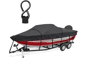 Cerumute Boat Cover, Heavy Duty 1200D Waterproof Boat Covers 16-18.5ft with Motor Cover and Windproof Adjustable Metal Buckle Fits Bass Boat, V-Hull, Tri-Hull,Runabout Boat, Black