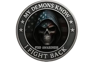 GENERIC PTSD Awareness Veterans Challenge Coin, My Demons Know I Fight Back Challenge Coin, PTSD Courage Support Commemorative Coins for Veterans, Gifts for Veteran (1PC)