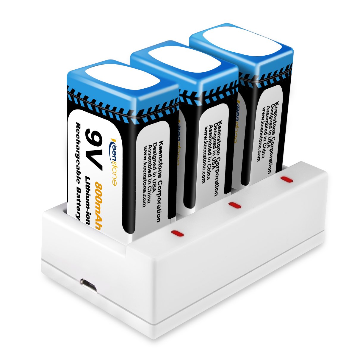 Keenstone 9V 800mAh Rechargeable Li-ion Battery with 3-Slot Charger for TENS Smoke Detector Multimeter Alarm System etc（3-Pack）