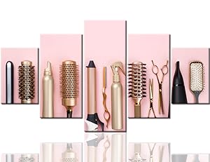 5 Piece Canvas Wall Art for Living Room Professional Hair Dresser Tools Pictures Gloden Hairbrush Paintings Giclee Modern Artwork Giclee Home Decor Framed Ready to Hang Posters and Prints(60''Wx32''H)