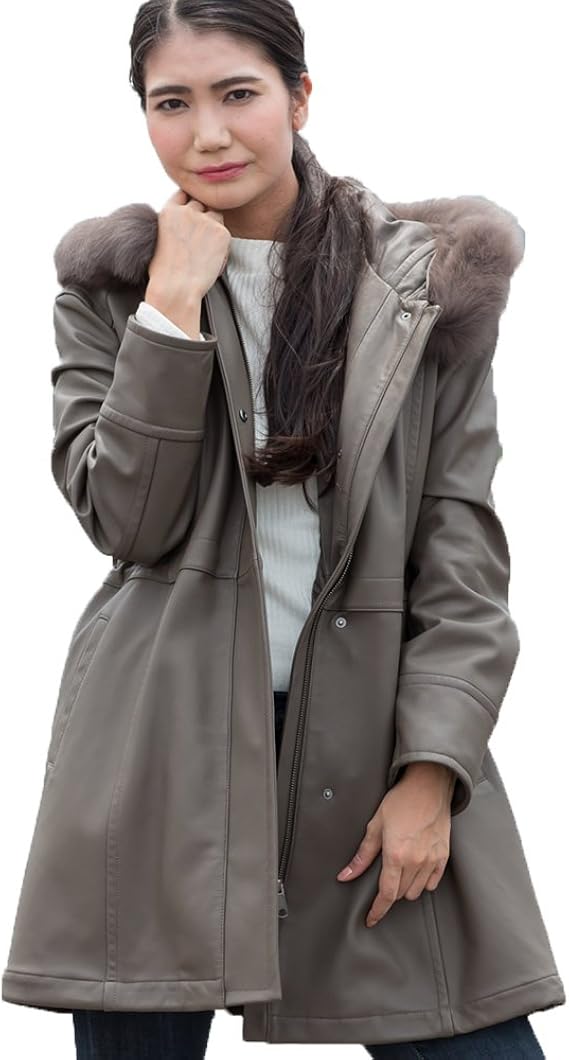 Amazon モッズコート レザーコート モッズ コート アウター フード レディース ライナー レザー ラム ラムレザー ファー フォックス リアルレザー 秋 冬 秋冬 大きいサイズ モカ L コート ジャケット 通販
