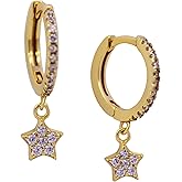 925 Sterling Silver Zircon Lined Star Dangling Huggie Hoop Earrings, Sold as a Pair