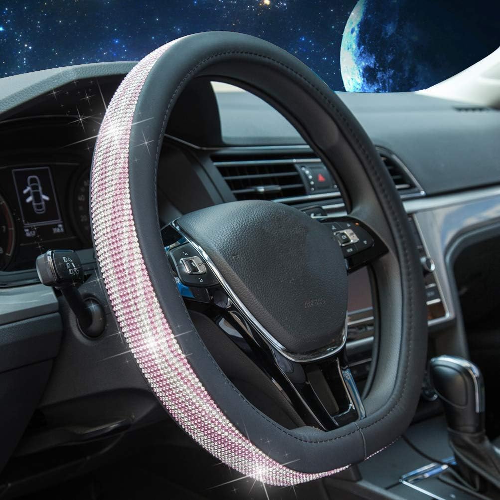 D Shaped Steering Wheel Cover, Pink Sliver Bling Crystal Diamond Rhinestone Leather Flat Bottom D Cut for Women Men Universal 15 inch Better Grip