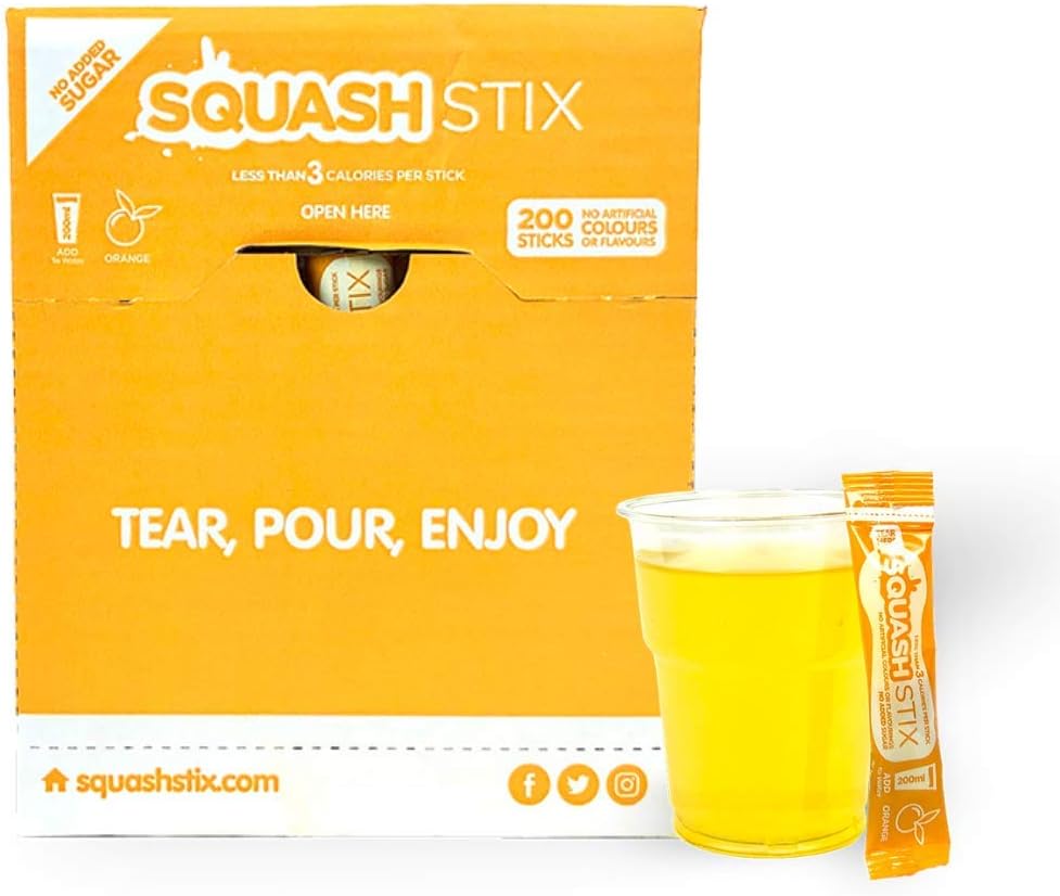 Squash Stix | Water Enhancer | Office Drink | Catering | Rehydration | Instantly Mixes with Water | (Orange, 200)