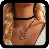 Andelaisi Boho Layered Velvet Choker Necklace Vintage Heart Pendant Necklace Colorful Puffy Heart Chain Necklace Gothic Black Satin Ribbon Collar Necklace Jewelry for Women