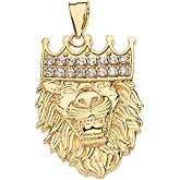 Animal Kingdom Solid 14k Yellow Gold Crown Lion King Head Pendant with Cubic Zirconia