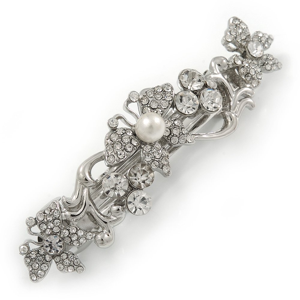 Bridal Wedding Prom Silver Tone Diamante Butterfly Barrette Hair Clip Grip - 70mm Across