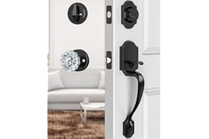 Calzibeno Black Front Door Handle and Deadbolt Set, Front Door Lock Set with Crystal Glass Door Knob, Entry Door Lock Set with Single Cylinder, Reversible for Right & Left, Matte Black
