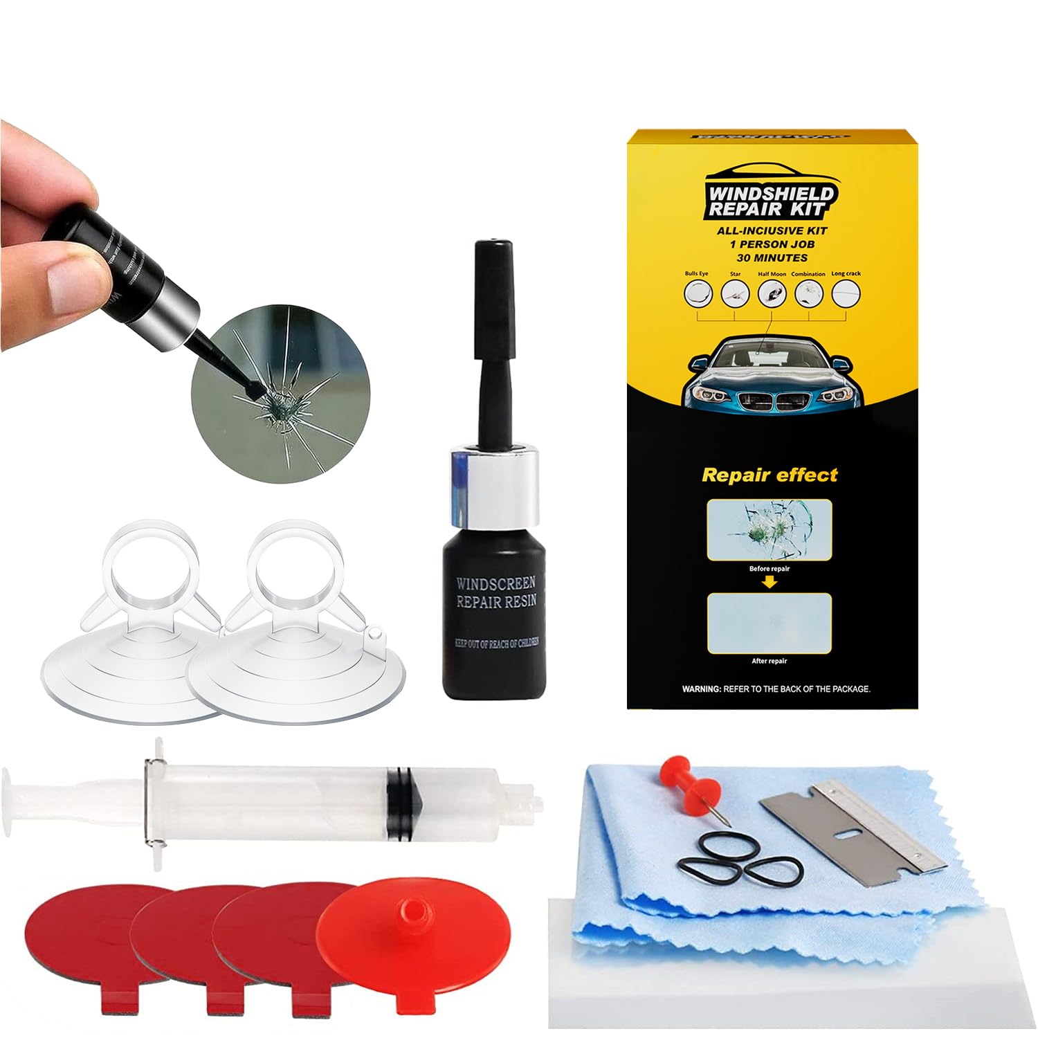 Plextone DIY Windshield Repair Kit for Bulls Eyes Star Half Moon Long Crack Combination Repairment