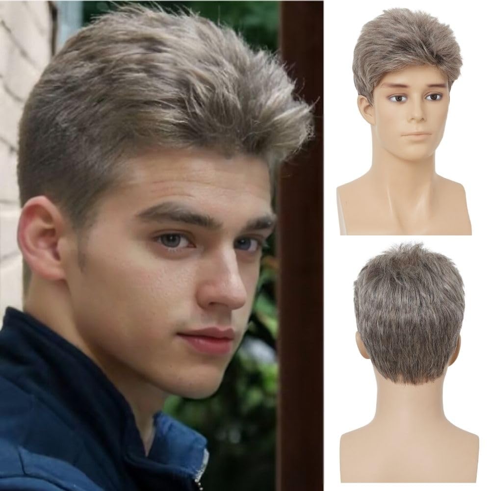 Siudus Mens Short Grey Wigs Natural Layered Shaggy Synthetic Fiber Hair Wig for Guy Male Daily Cosplay Wig