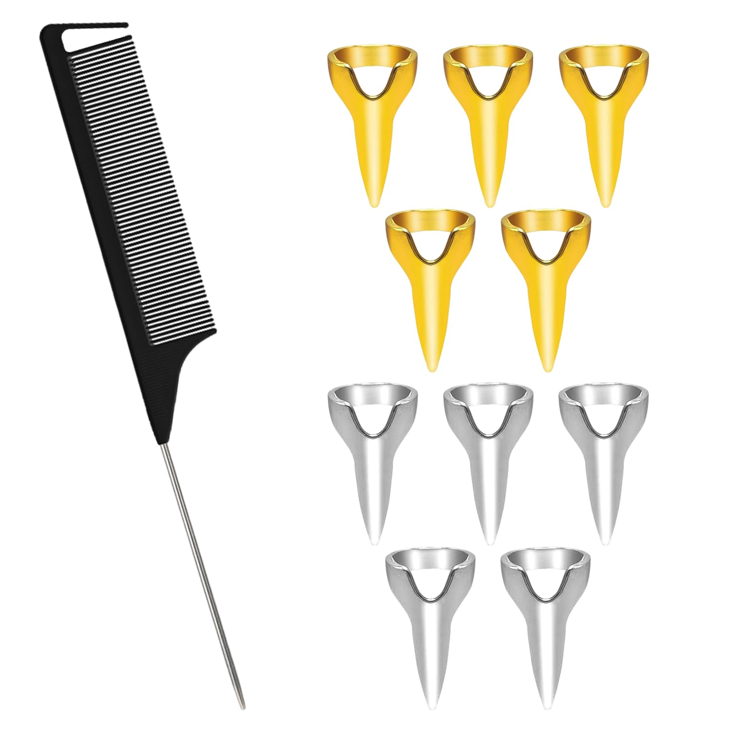 10 metal braiding rings, 1 black steel needle tip comb, hair braiding tool, braiding auxiliary parting tool, braiding finger tool