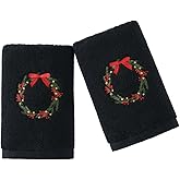 YiLUOMO Christmas Wreath Embroidered Hand Towels Black Set of 2 Super Thick Luxury 100% Cotton Ultra Soft Highly Absorbent Decorative Bathroom Hand Towel, 13 X 29 Inch