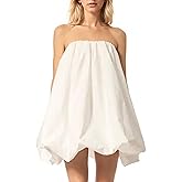Meladyan Women’s Polka Dot Bubble Mini Dress Strapless Backless Loose Fit Tube Dress Elegant Pleated Elastic Beach Dress