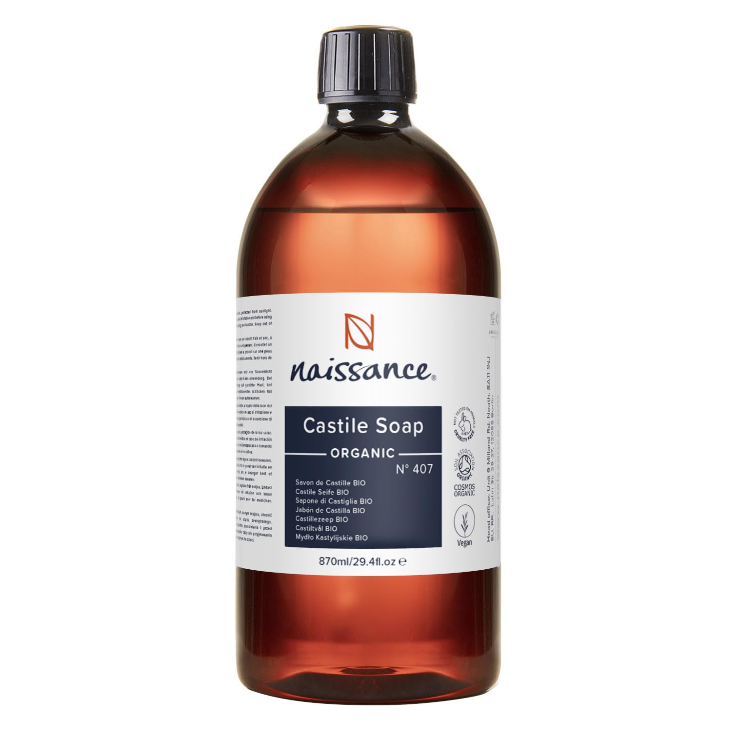 Naissance Organic Liquid Castile Soap (no. 407) - 870ml - Natural, Vegan, Unscented, SLS and SLES Free - for Homemade Beauty, Hand Wash, Dish Soap