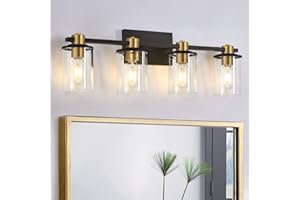 stambord 4 Light Bathroom Vanity Light, Black and Gold Bathroom Light Fixtures, Sconces Wall Lighting with Clear Glass Shade, Modern Gold Vanity Lighting fixtures for Bathroom, Bedroom, Hallway