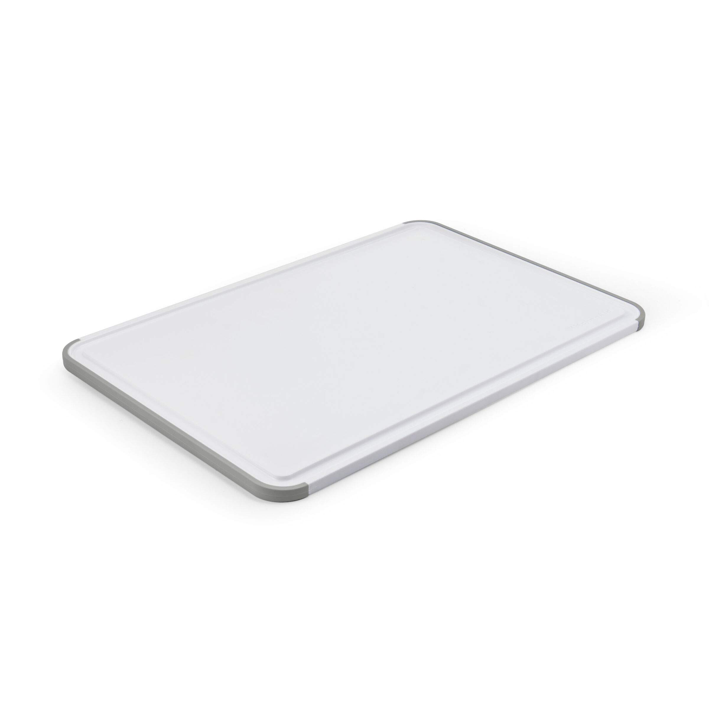 Photo 1 of KitchenAid Classic Plastic Cutting Board with Perimeter Trench and Non Slip Edges, Dishwasher Safe, 12 inch x 18 inch, White and Gray