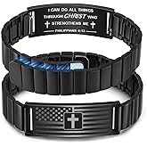 FLHEART Cross Bible Verse Bracelets for Men, American Flag/Flag Adjustable Stainless Steel Bracelet Jewelry Christian Religious Gifts for Men Husband Dad Son