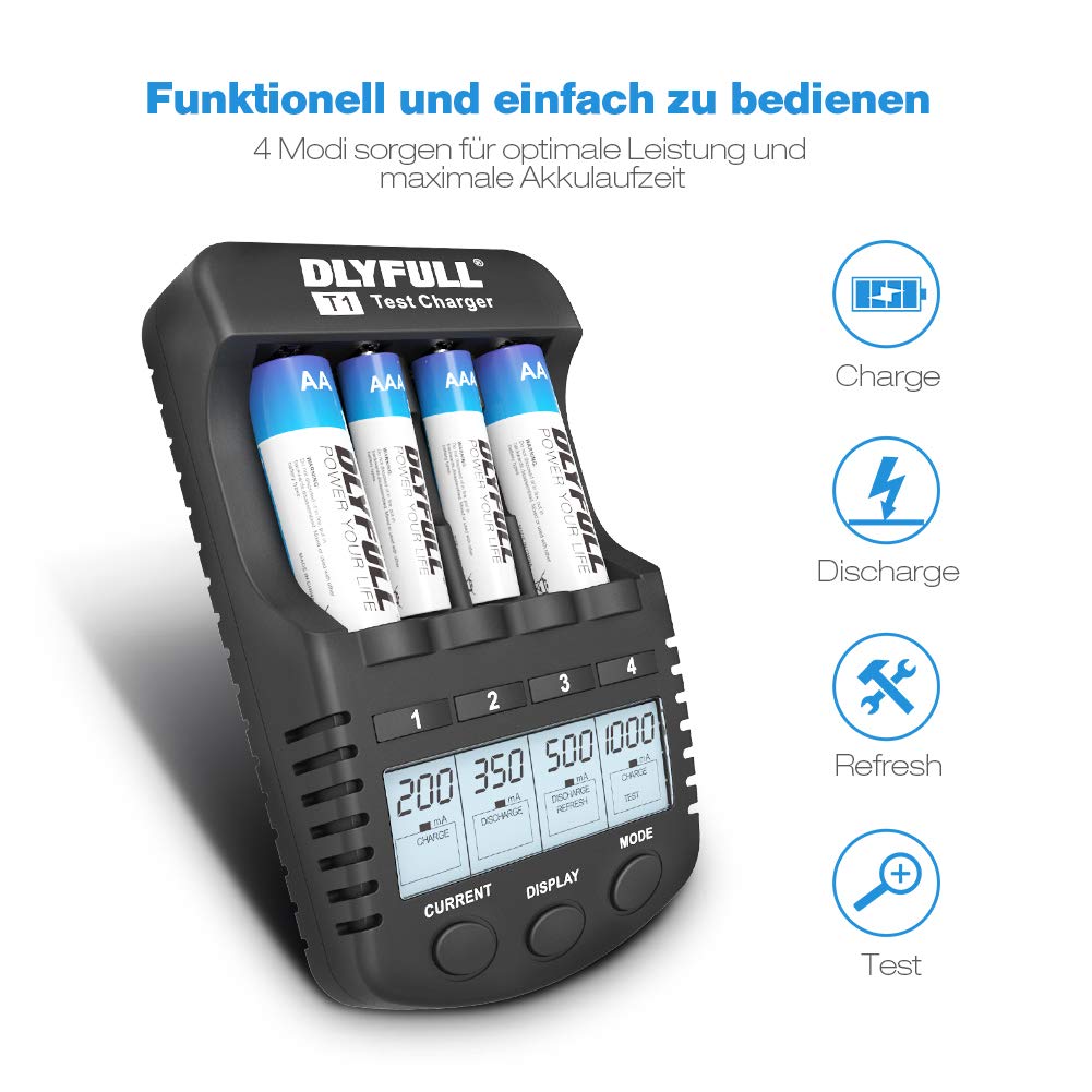 LCD Akkus Ladegerät DLYFULL Smart Charger für AA/AAA Micro/Mignon mit USB Anschluss Erhaltungsladung Einzelschachtladung 4 Modi: Aufladen, Entladen, Prüfen & Auffrischen - mit LCD Display