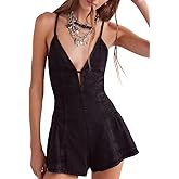 TACSTRUN Women's Sexy Spaghetti Straps Denim Short Jumpsuit High Waist Deep V-Neck Backless Lace Up Jean Romper