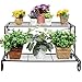 MyGift 2 Tiered Rectangular Black Metal Plant Stand Indoor Rack for Planter Pots, Display Shelf Rack with Scrollwork and Leaf Design